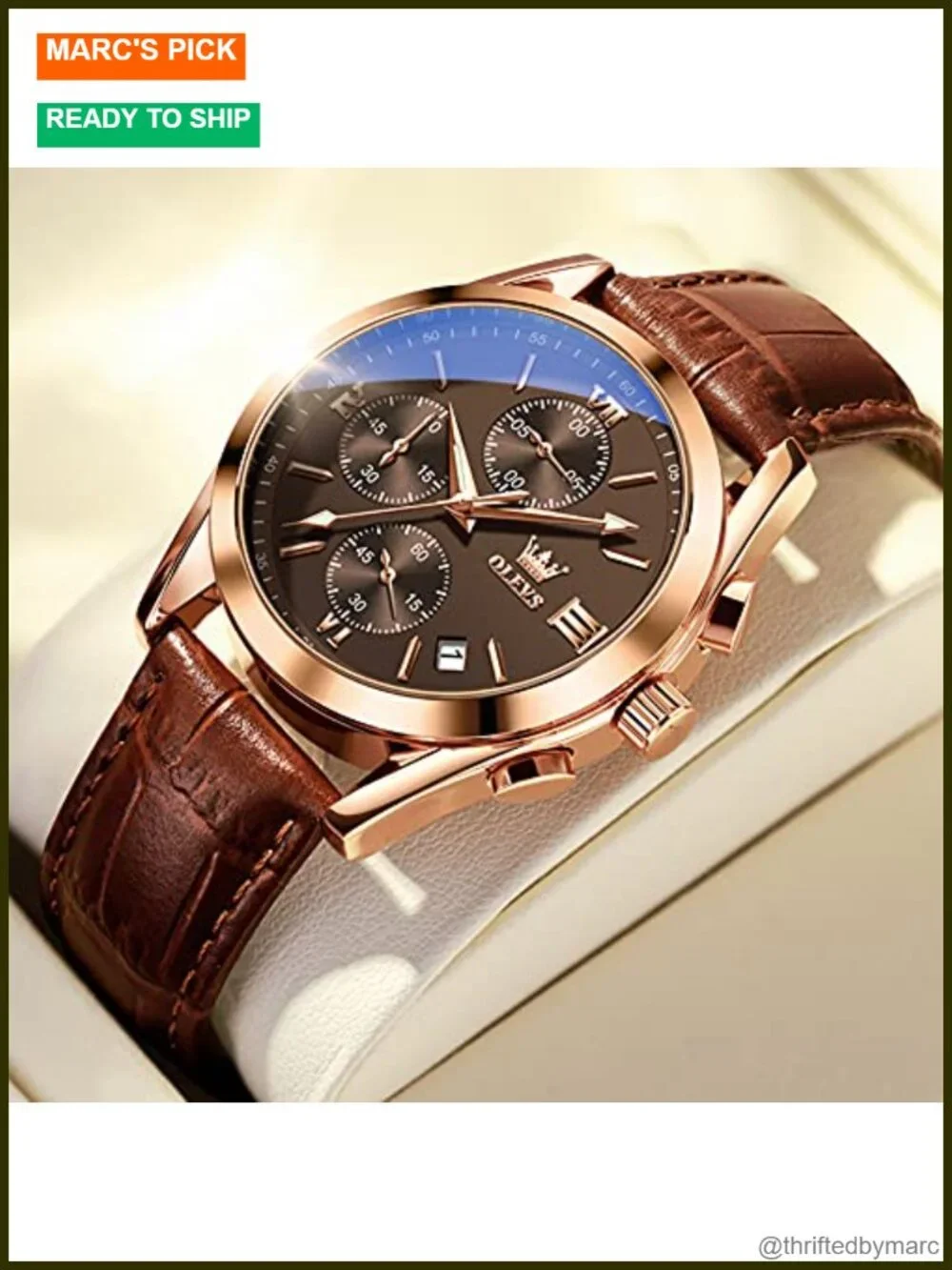 Men's Casual Leather Watch, Big Face Chronograph, Water Resistant Date Analog